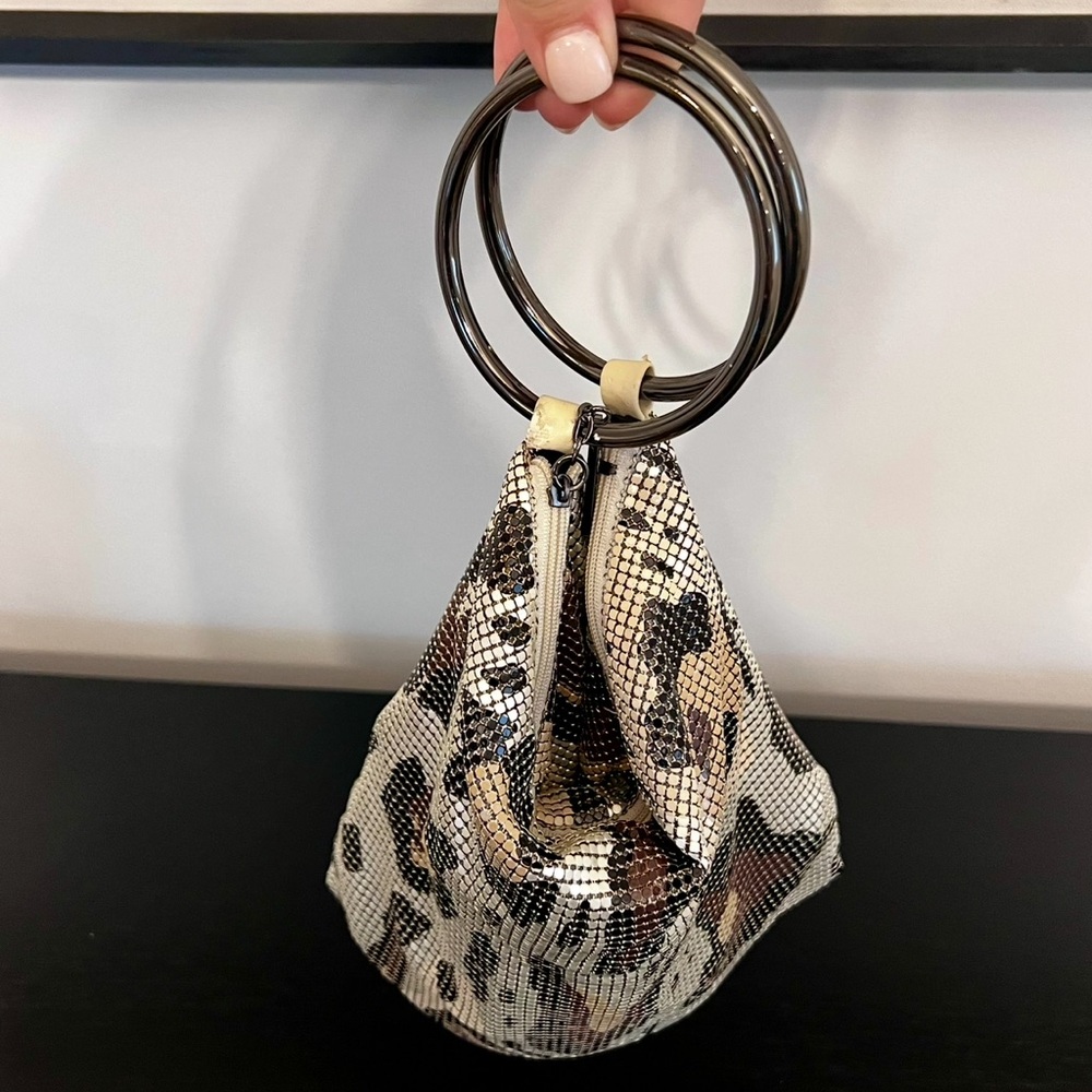 Whiting and Davis: leopard print mesh bracelet bag